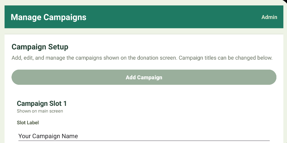 CharityRite admin campaign screen